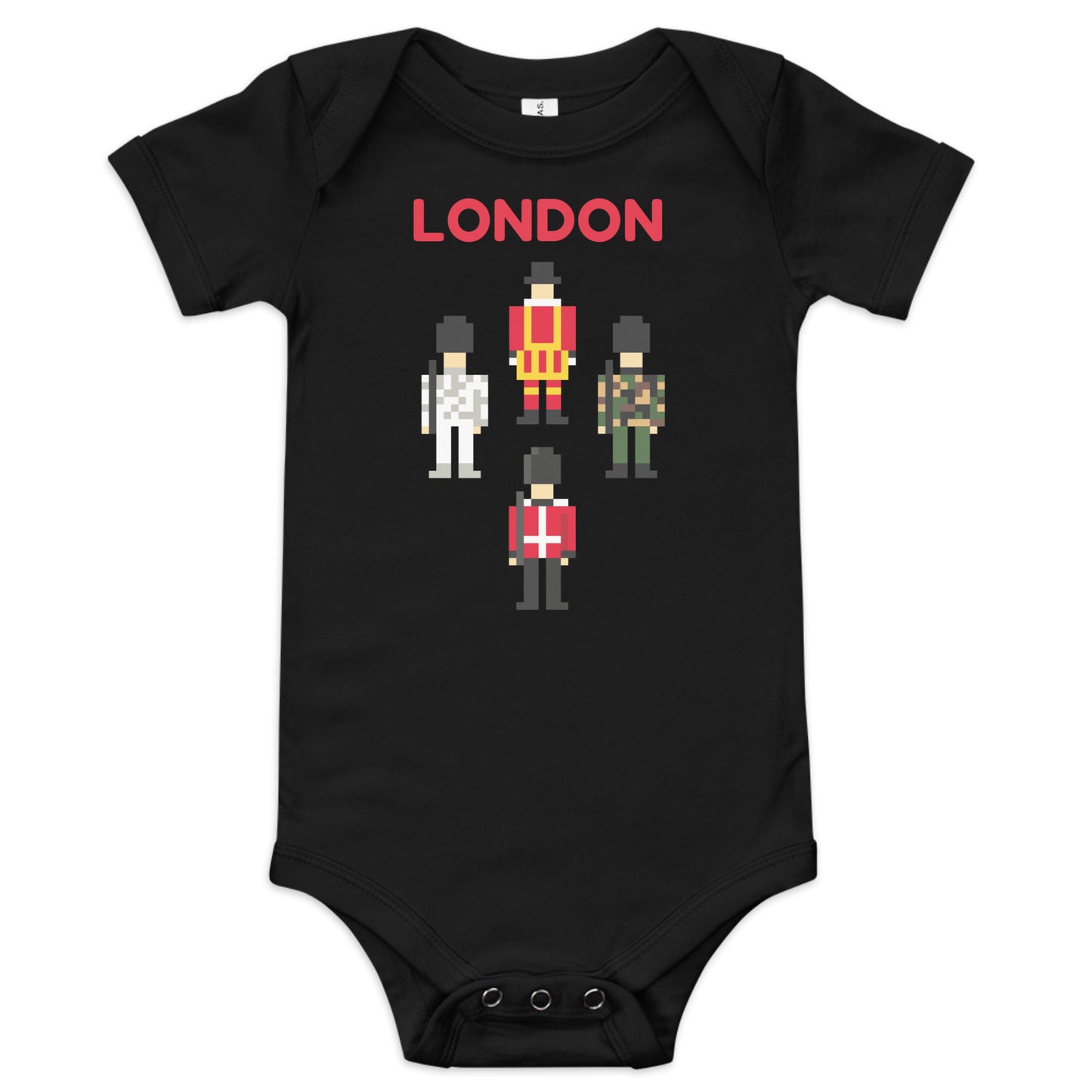 Cute Babygrow with the word London above a pixelated Royal Guard, Camouflage Soldiers and British Beefeater who protects the Kings Jewels