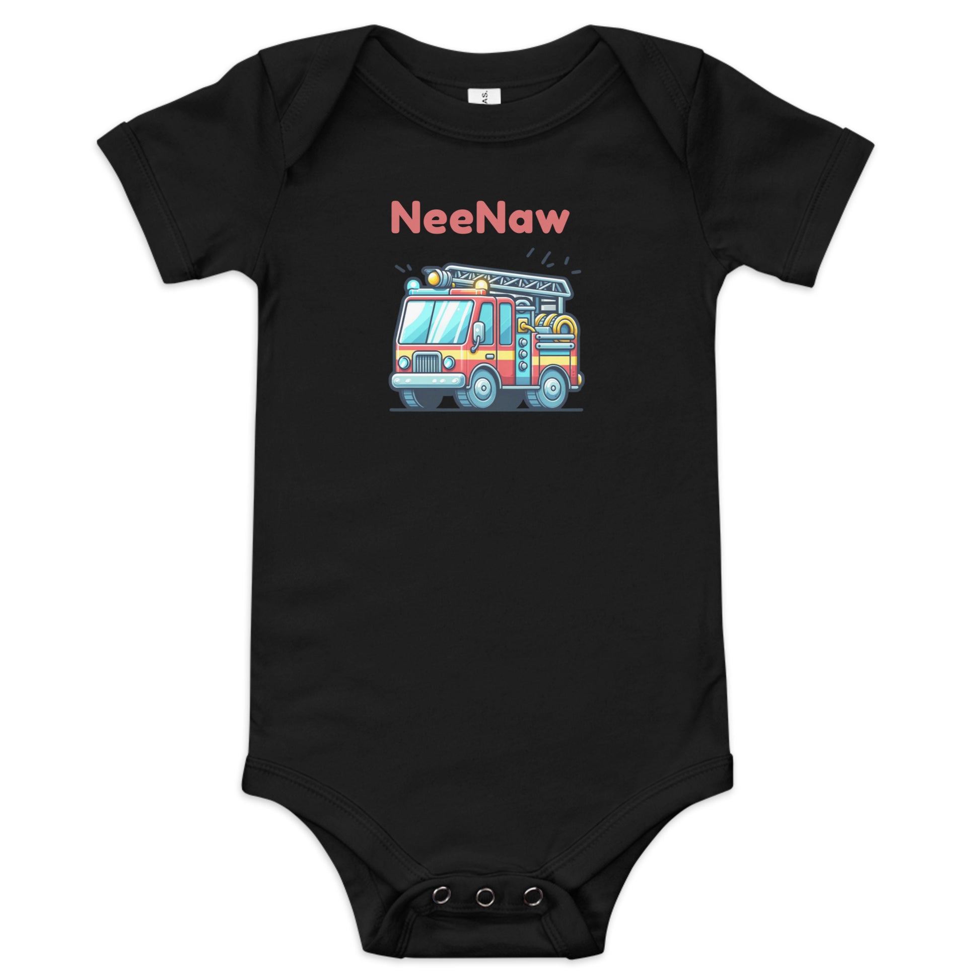 Cute Babygrow with a cartoon fire truck and ‘Nee Naw’ text above the truck