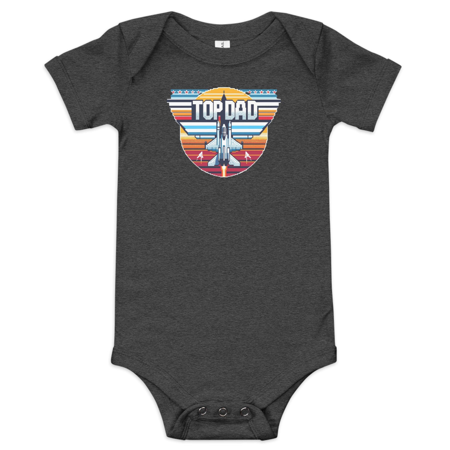 Aviation-themed baby bodysuit with ‘Top Dad’ and fighter aircraft graphic