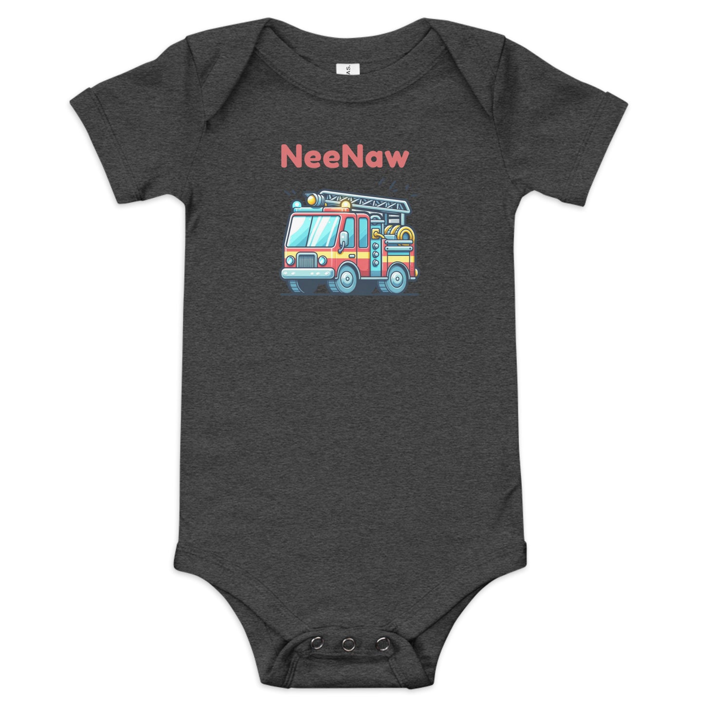 Cute Babygrow with a cartoon fire truck and ‘Nee Naw’ text above the truck