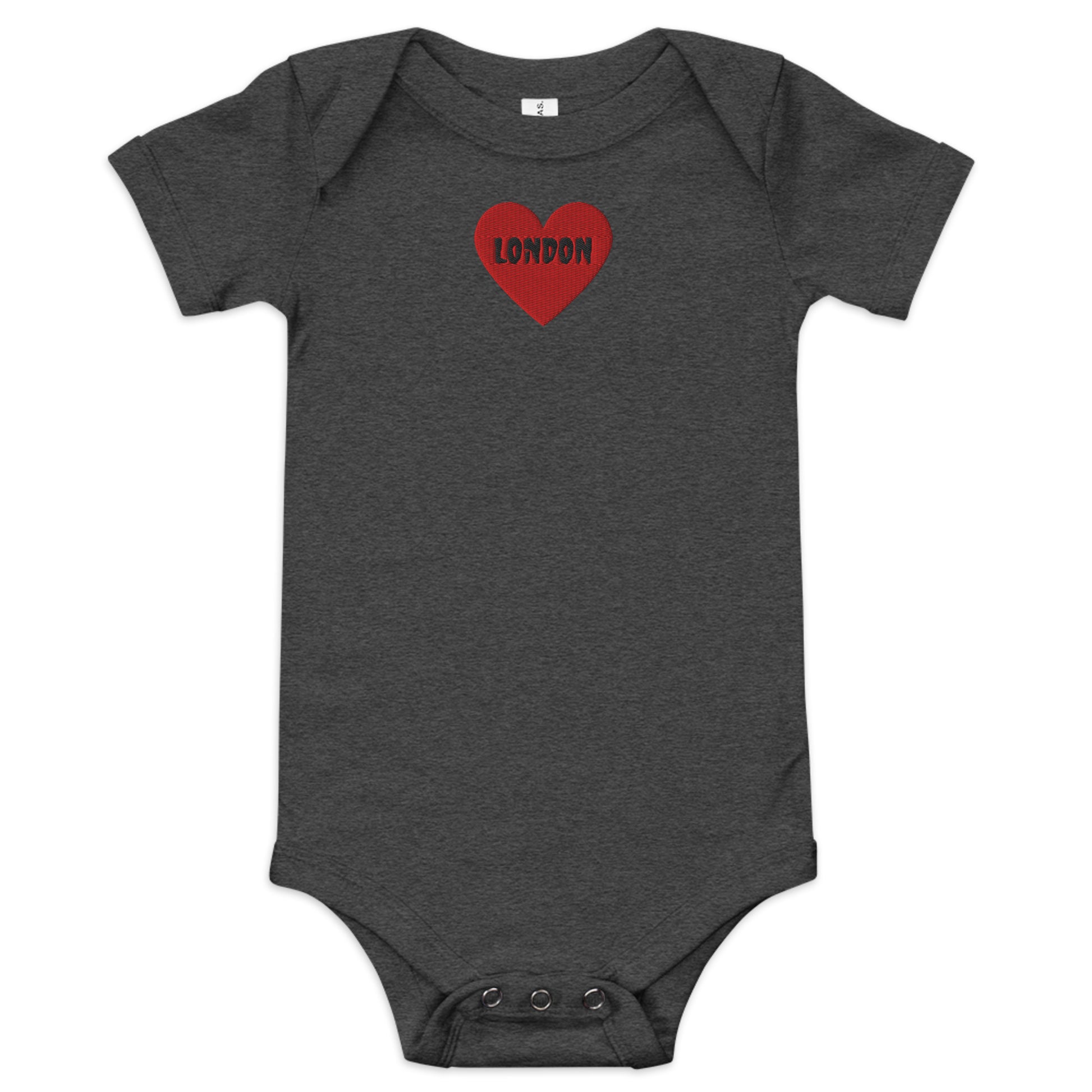 Embroidered I Heart London baby onesie, soft cotton souvenir bodysuit.