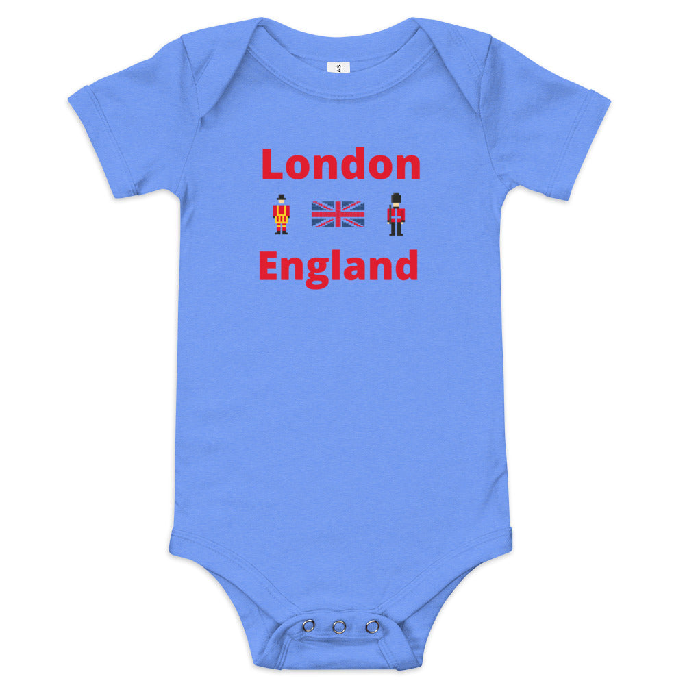 London England With Royal Guard, Union Jack flag and Beefeater - Baby short sleeve one piece