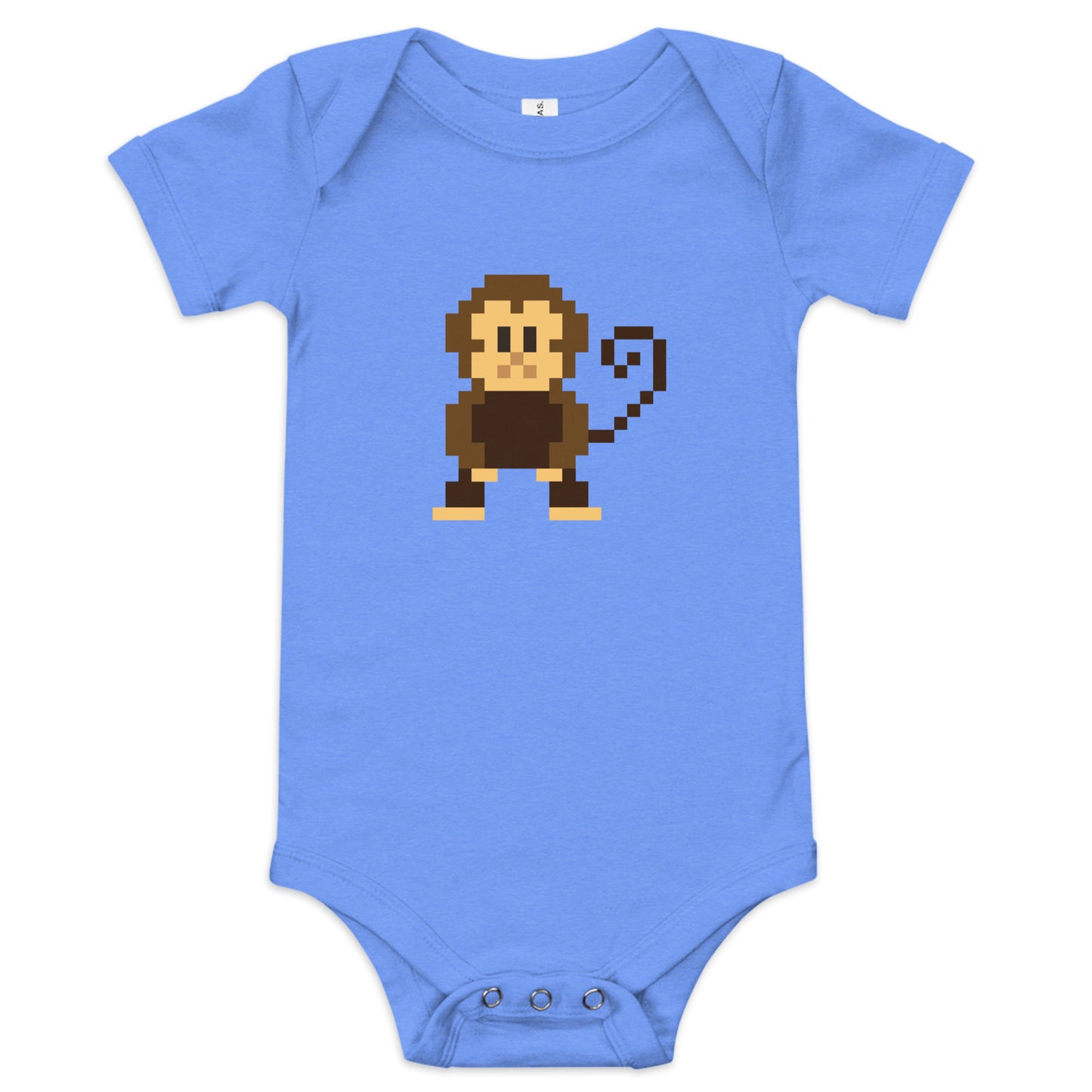 Blue Babygrow with pixelated cheeky monkey on the front