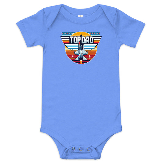 Aviation-themed baby bodysuit with ‘Top Dad’ and fighter aircraft graphic