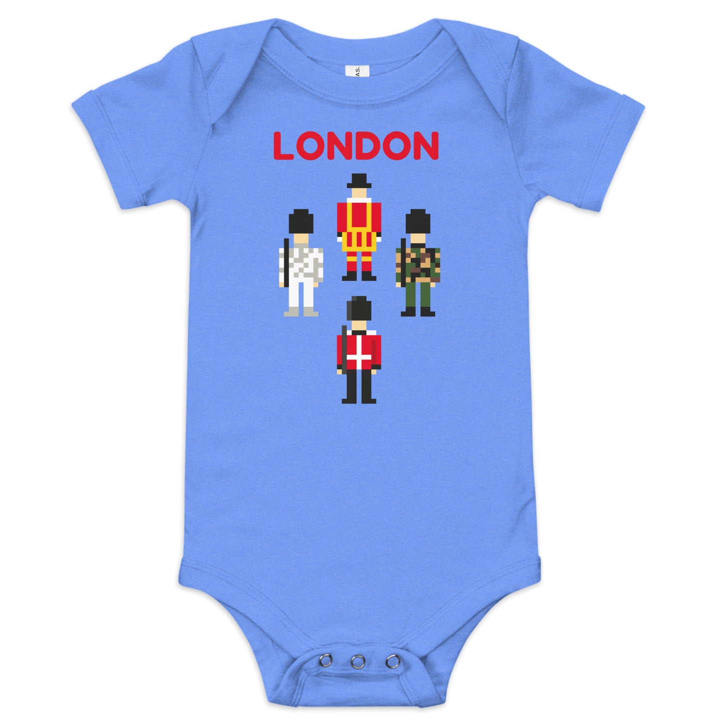 Cute Babygrow with the word London above a pixelated Royal Guard, Camouflage Soldiers and British Beefeater who protects the Kings Jewels