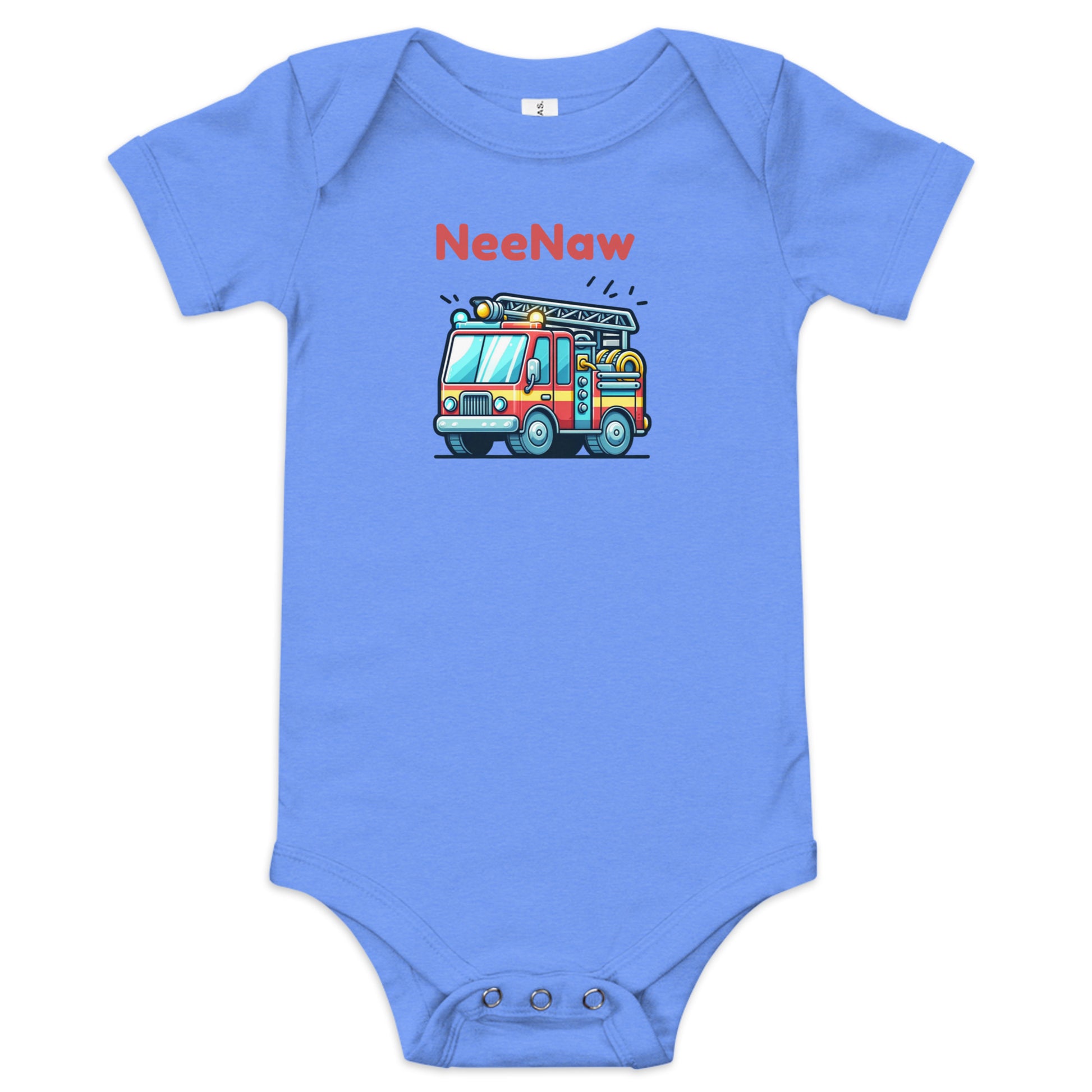 Cute Babygrow with a cartoon fire truck and ‘Nee Naw’ text above the truck