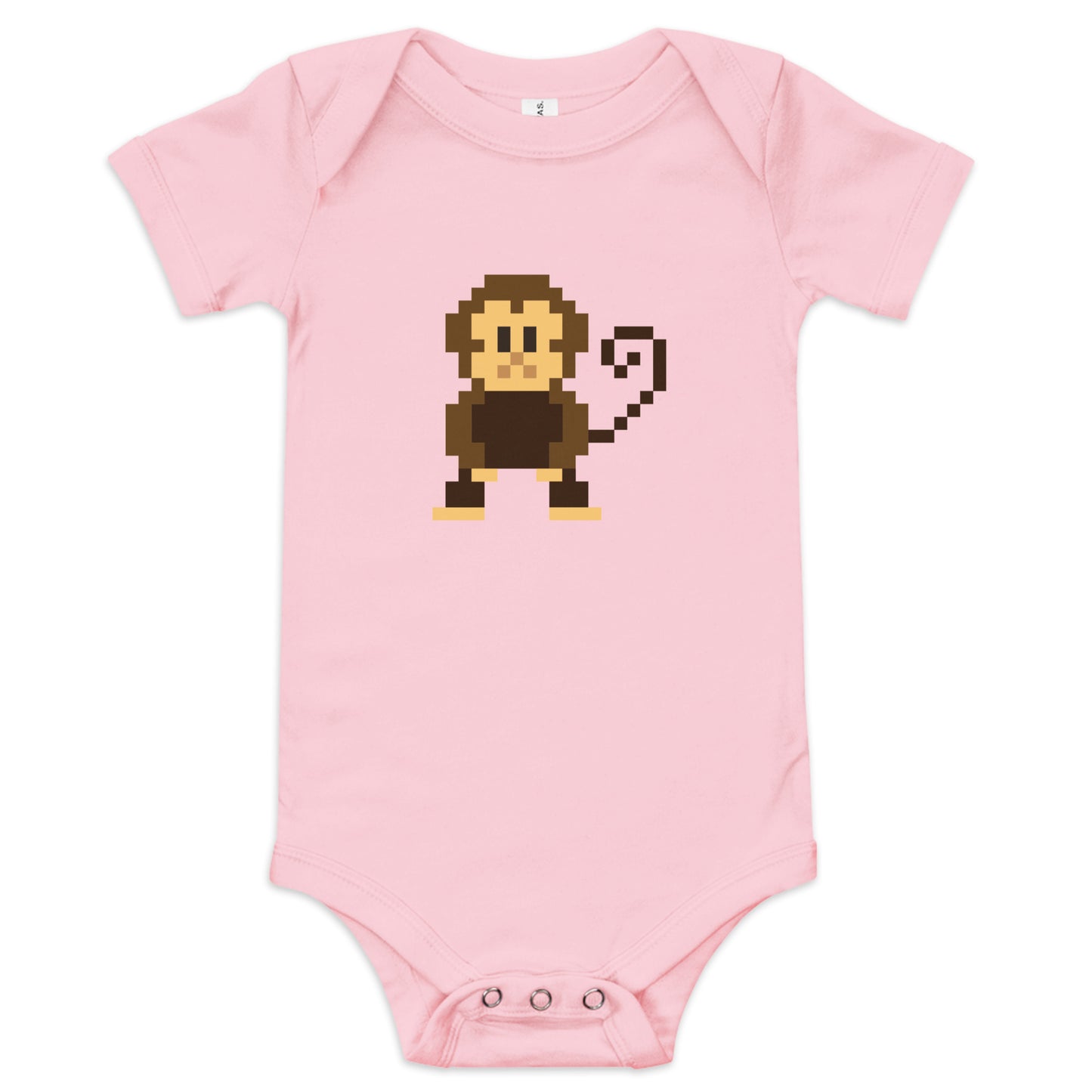 Pink Babygrow with pixelated cheeky monkey on the front