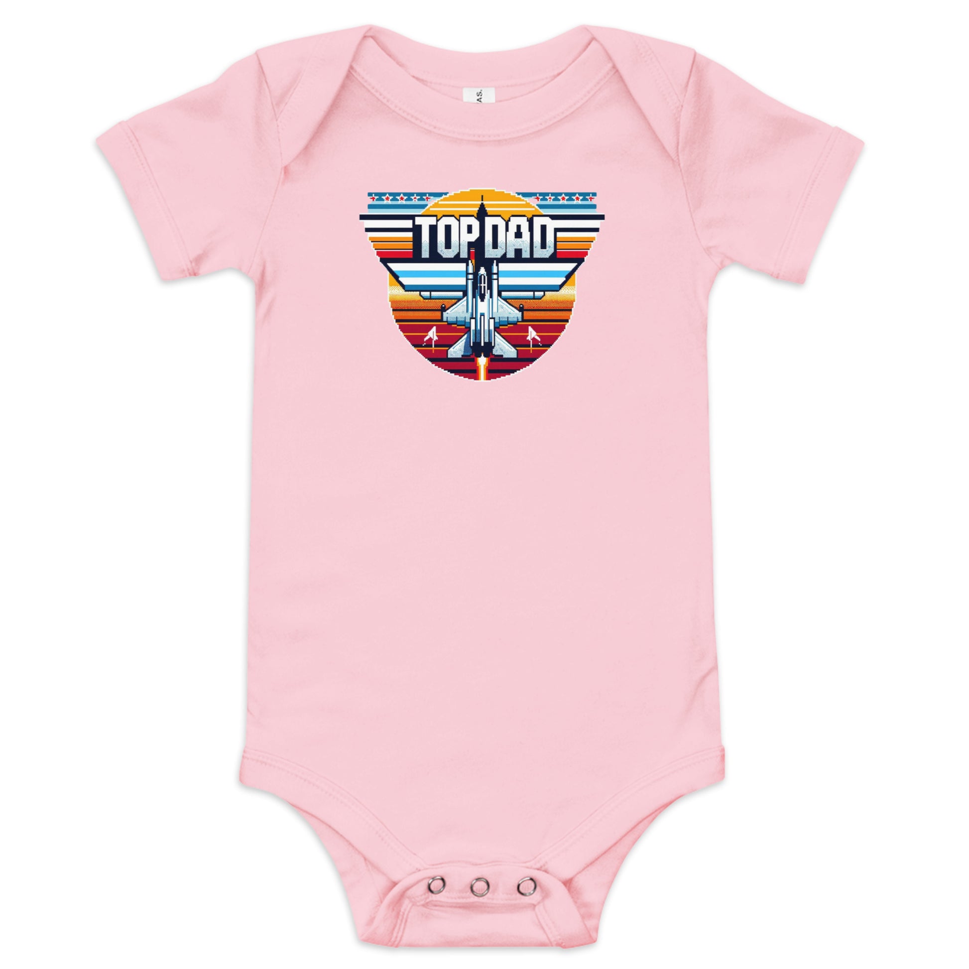 Aviation-themed baby bodysuit with ‘Top Dad’ and fighter aircraft graphic