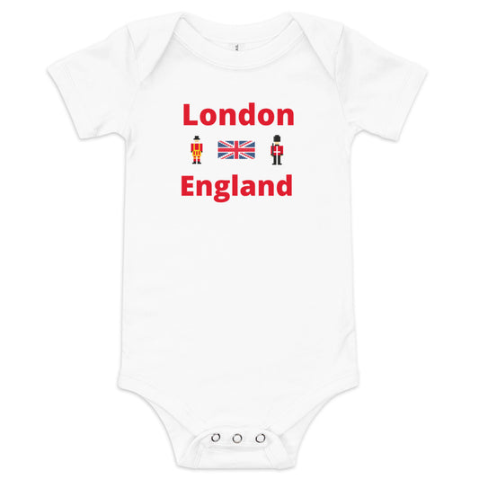 London England With Royal Guard, Union Jack flag and Beefeater - Baby short sleeve one piece White Babygrow