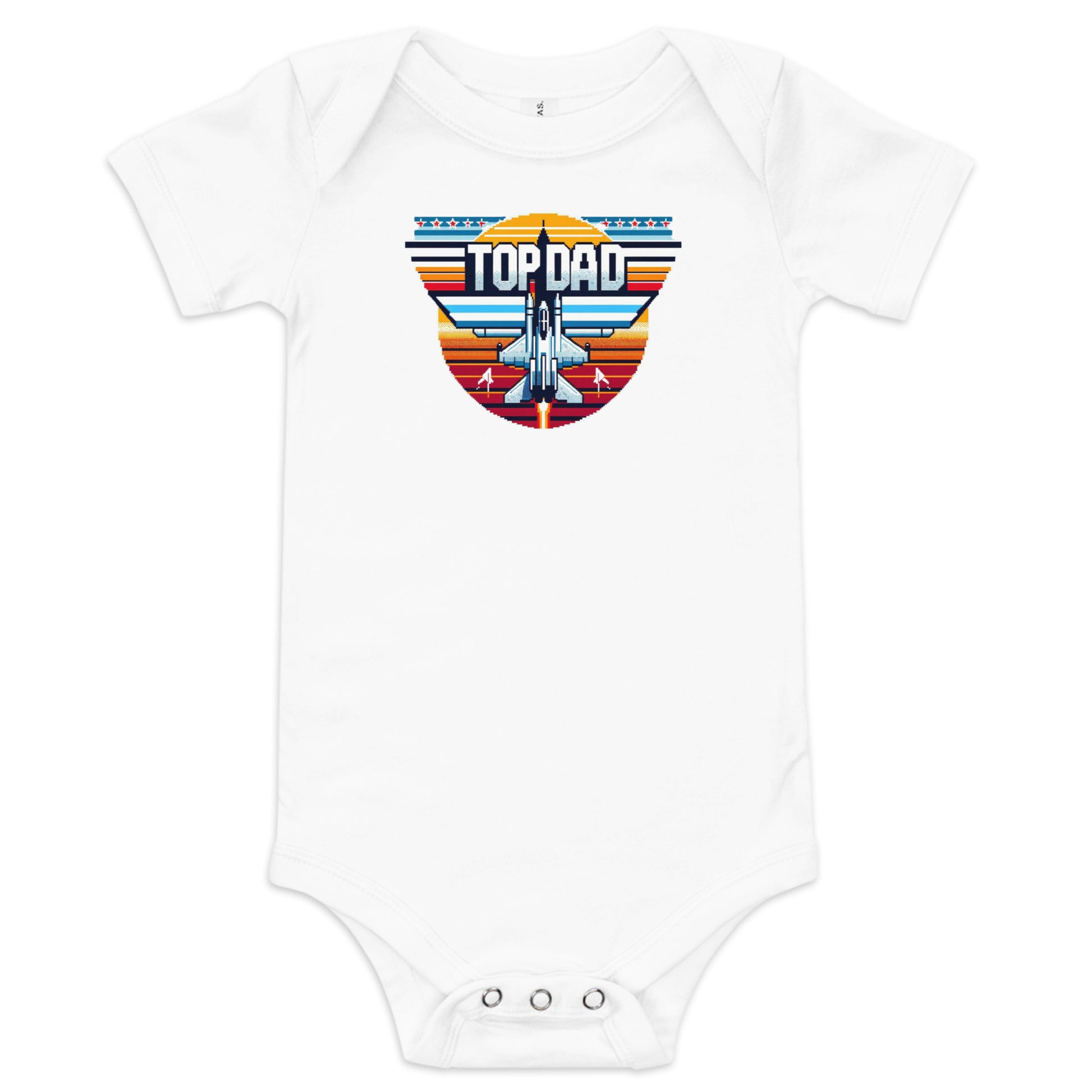 Aviation-themed baby bodysuit with ‘Top Dad’ and fighter aircraft graphic