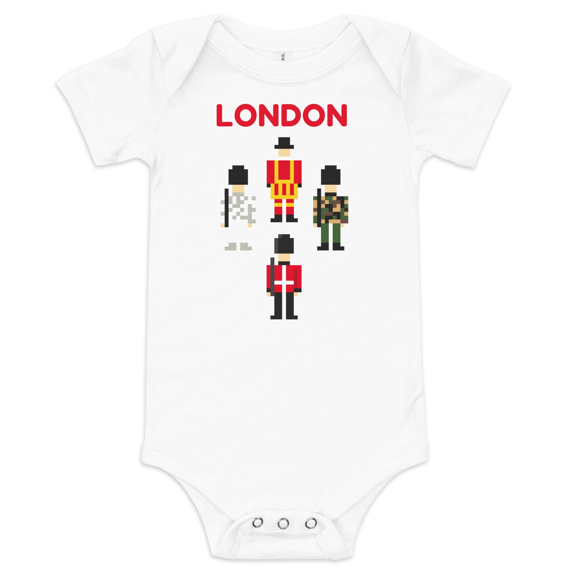 Cute Babygrow with the word London above a pixelated Royal Guard, Camouflage Soldiers and British Beefeater who protects the Kings Jewels