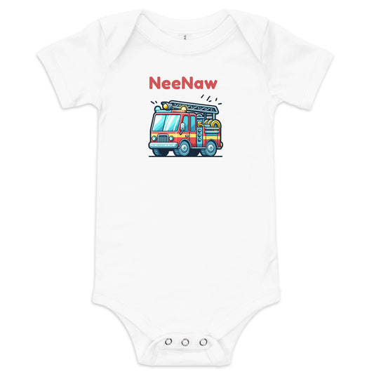 Cute Babygrow with a cartoon fire truck and ‘Nee Naw’ text above the truck