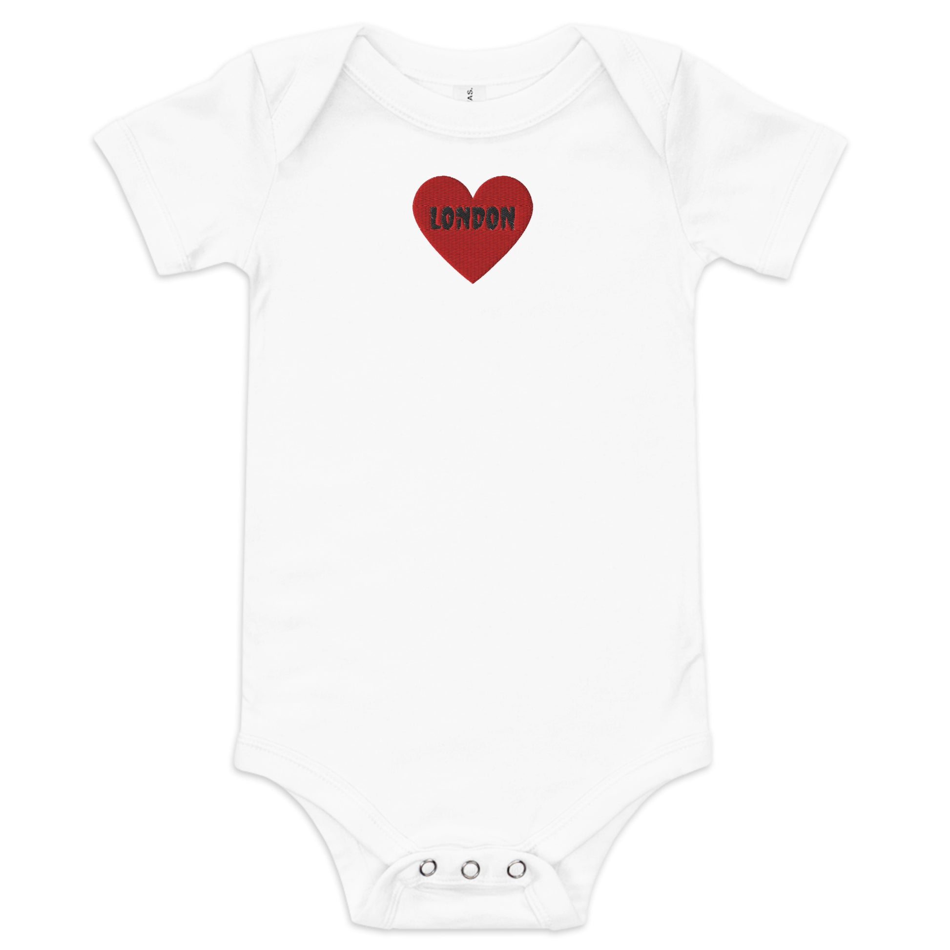 Embroidered I Heart London baby onesie, soft cotton souvenir bodysuit.