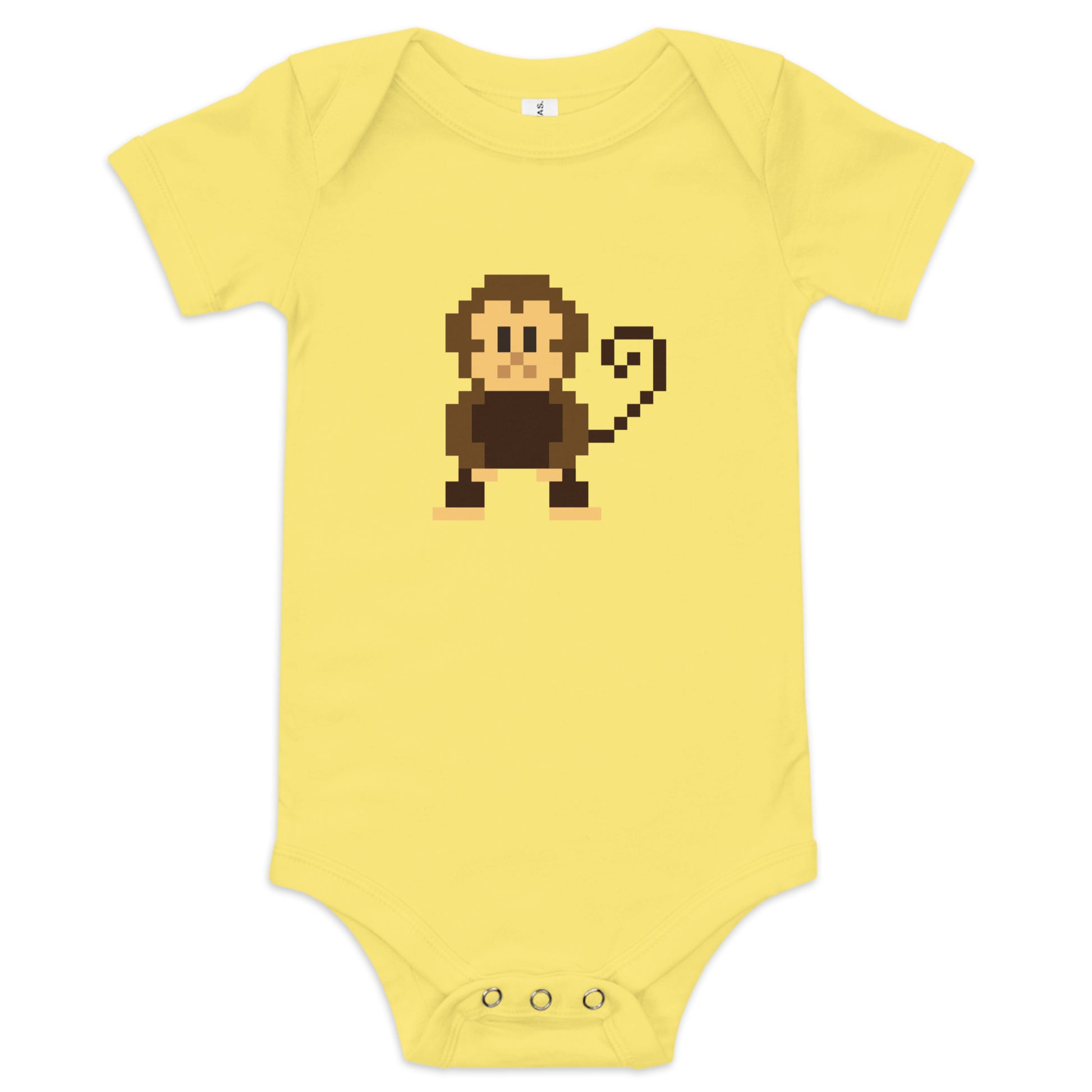 Yellow Babygrow with pixelated cheeky monkey on the front