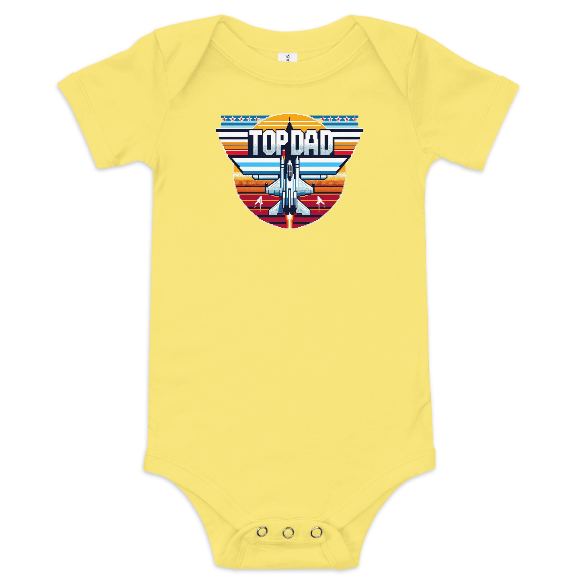 Aviation-themed baby bodysuit with ‘Top Dad’ and fighter aircraft graphic