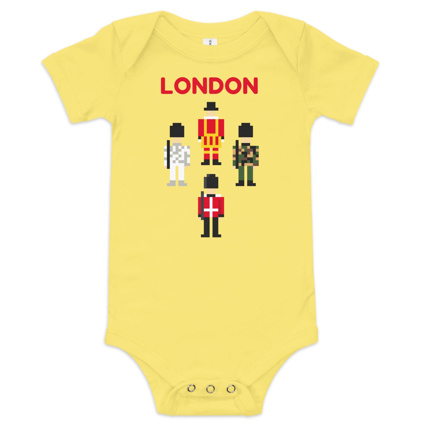 Cute Babygrow with the word London above a pixelated Royal Guard, Camouflage Soldiers and British Beefeater who protects the Kings Jewels