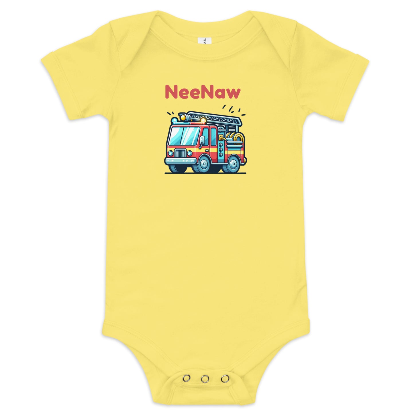 Cute Babygrow with a cartoon fire truck and ‘Nee Naw’ text above the truck