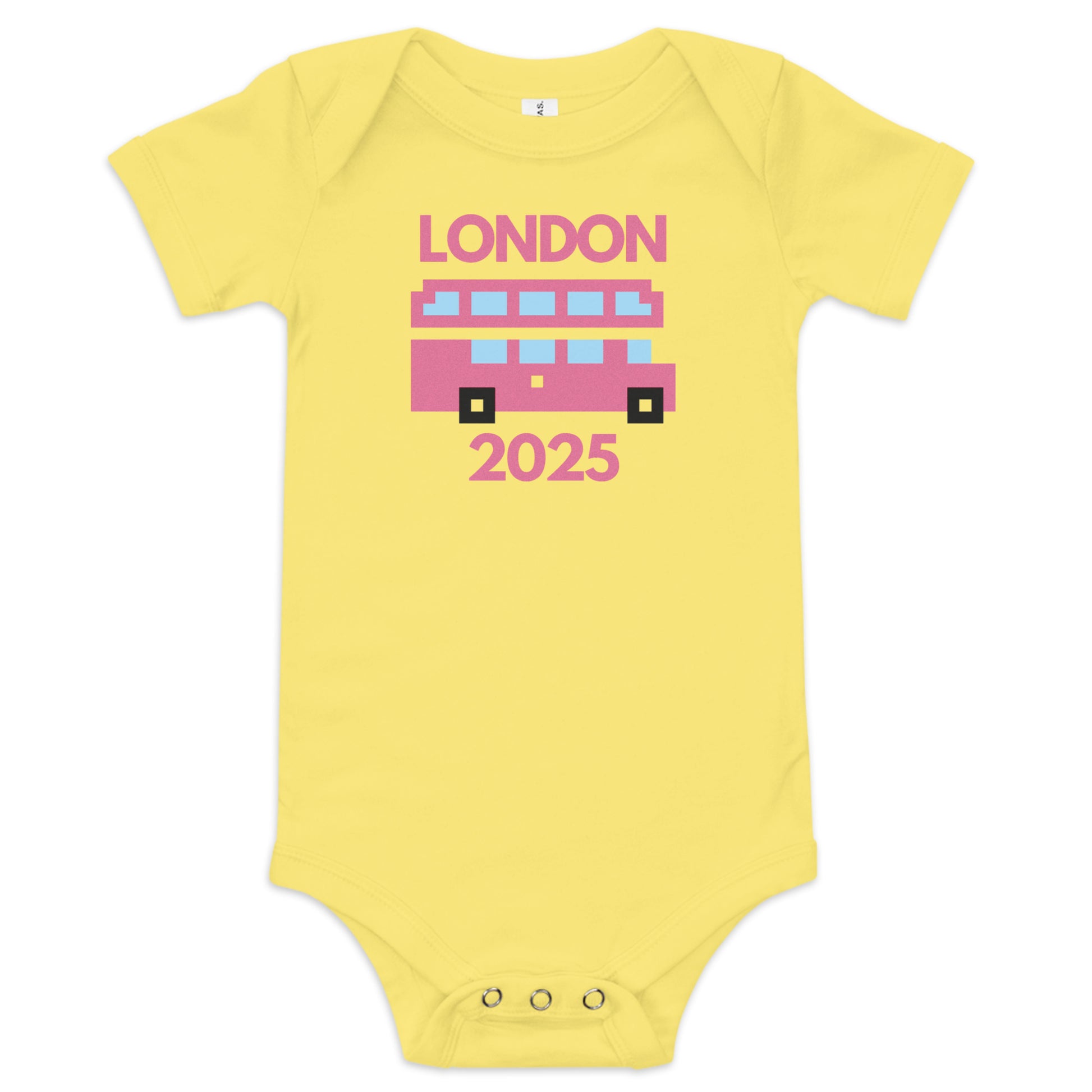 Pink Glitter London Bus Baby Onesie – Retro Double Decker UK Souvenir Bodysuit Yellow Babygrow