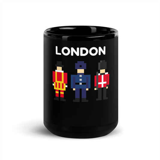 London white text with pixelated oyal guard, Police officer and Royal beefeater