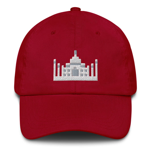 Red baseball cap featuring a pixelated Taj Mahal design, India souvenir hat
