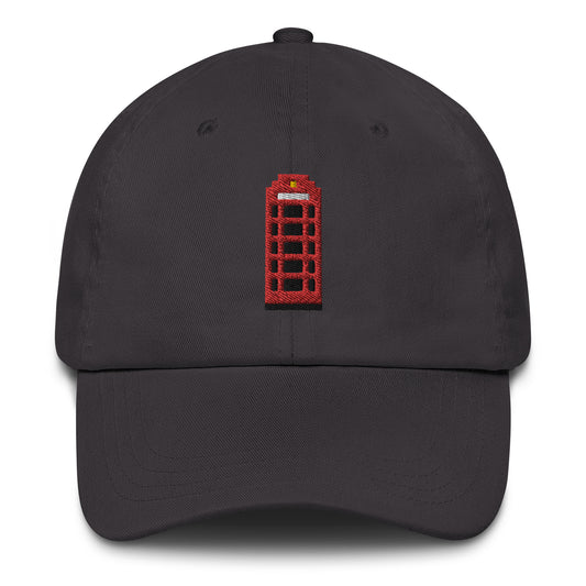 Dark grey red telephone box dad hat with pixel art red phone booth embroidery