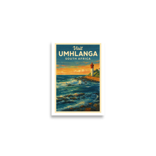 Umhlanga lighthouse poster, South Africa coastal print, vintage travel artwork, beach sunset wall art, KwaZulu-Natal travel decor, retro ocean poster, lighthouse travel print, South African tourism gift, nostalgic beach poster, Durban wall art