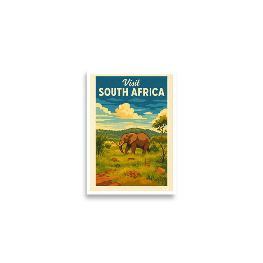 South Africa safari poster, vintage elephant wall art, African wildlife print, retro travel decor, Kruger Park artwork, safari travel poster, elephant art print, African bush illustration, South African travel gift, vintage animal poster