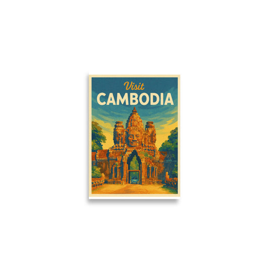 Cambodia travel poster, Angkor Wat vintage art, Angkor Thom wall print, Southeast Asia temple artwork, retro Cambodian travel decor, ancient ruins poster, historic Cambodia gift, Asian heritage wall art, temple gate poster, vintage Southeast Asia design