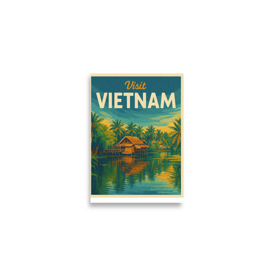 Vietnam travel poster, vintage Southeast Asia wall art, tropical river hut print, retro Vietnam decor, Mekong Delta artwork, jungle travel poster, Asian countryside design, Vietnamese travel gift, travel wall print, rustic hut poster