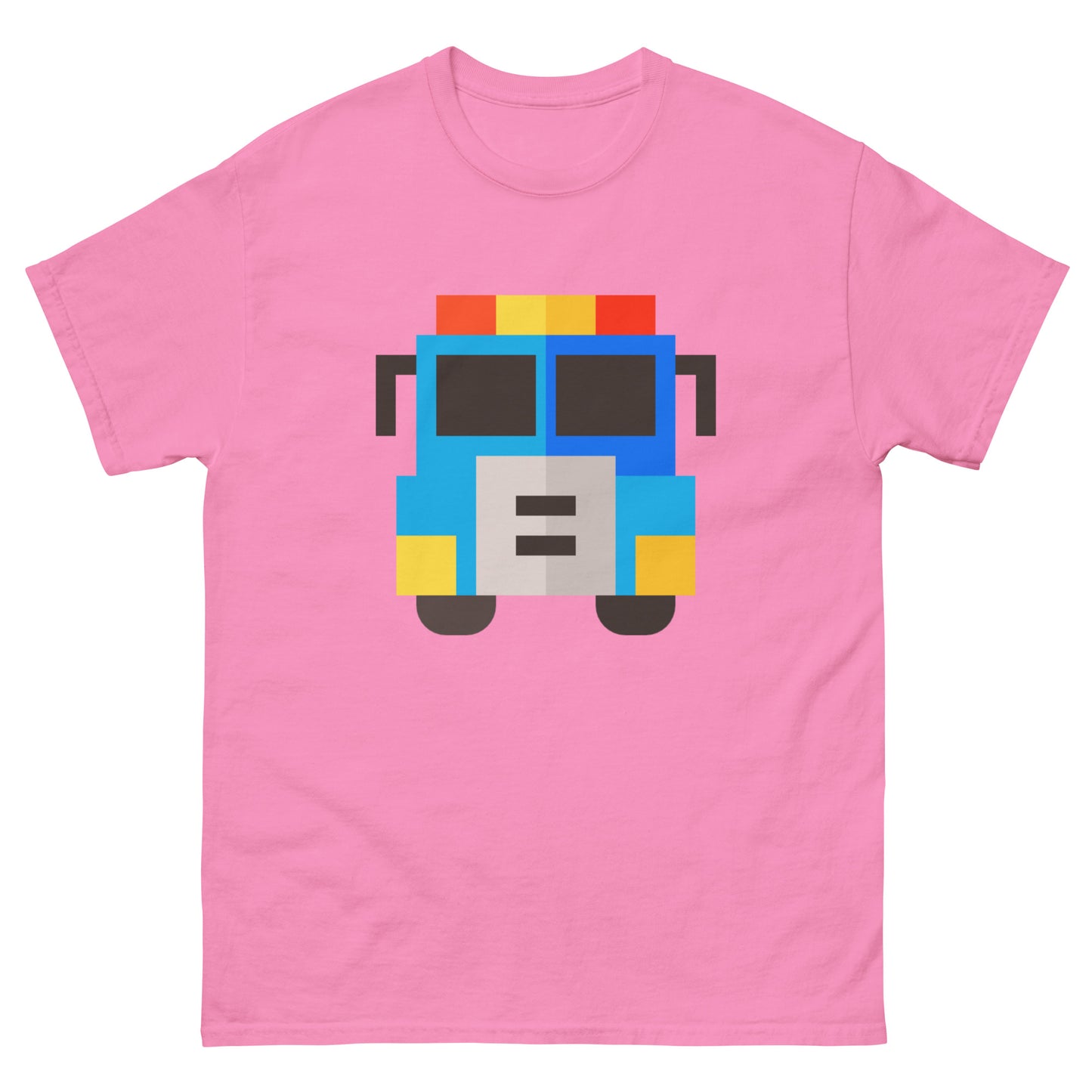 Pixel art of a front-view American fire truck in red, yellow, and blue colours on a high quality T-Shirt