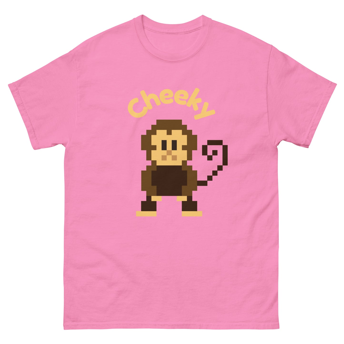 Pixel art illustration of a cheeky monkey and the word Cheeky. The monkey is stylized in a retro, 8-bit design, with a playful expression, capturing a festive holiday spirit.