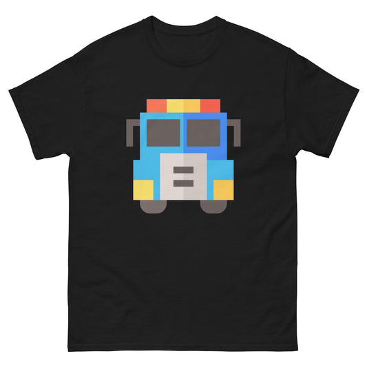 Pixel art of a front-view American fire truck in red, yellow, and blue colours on a high quality T-Shirt