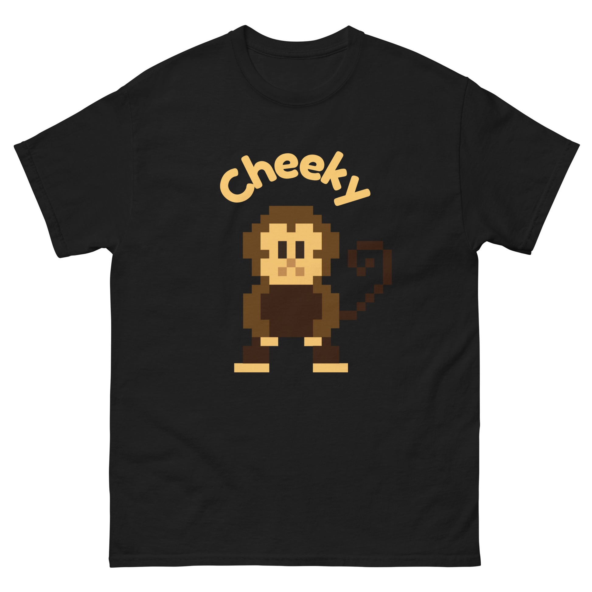 Pixel art illustration of a cheeky monkey and the word Cheeky. The monkey is stylized in a retro, 8-bit design, with a playful expression, capturing a festive holiday spirit.