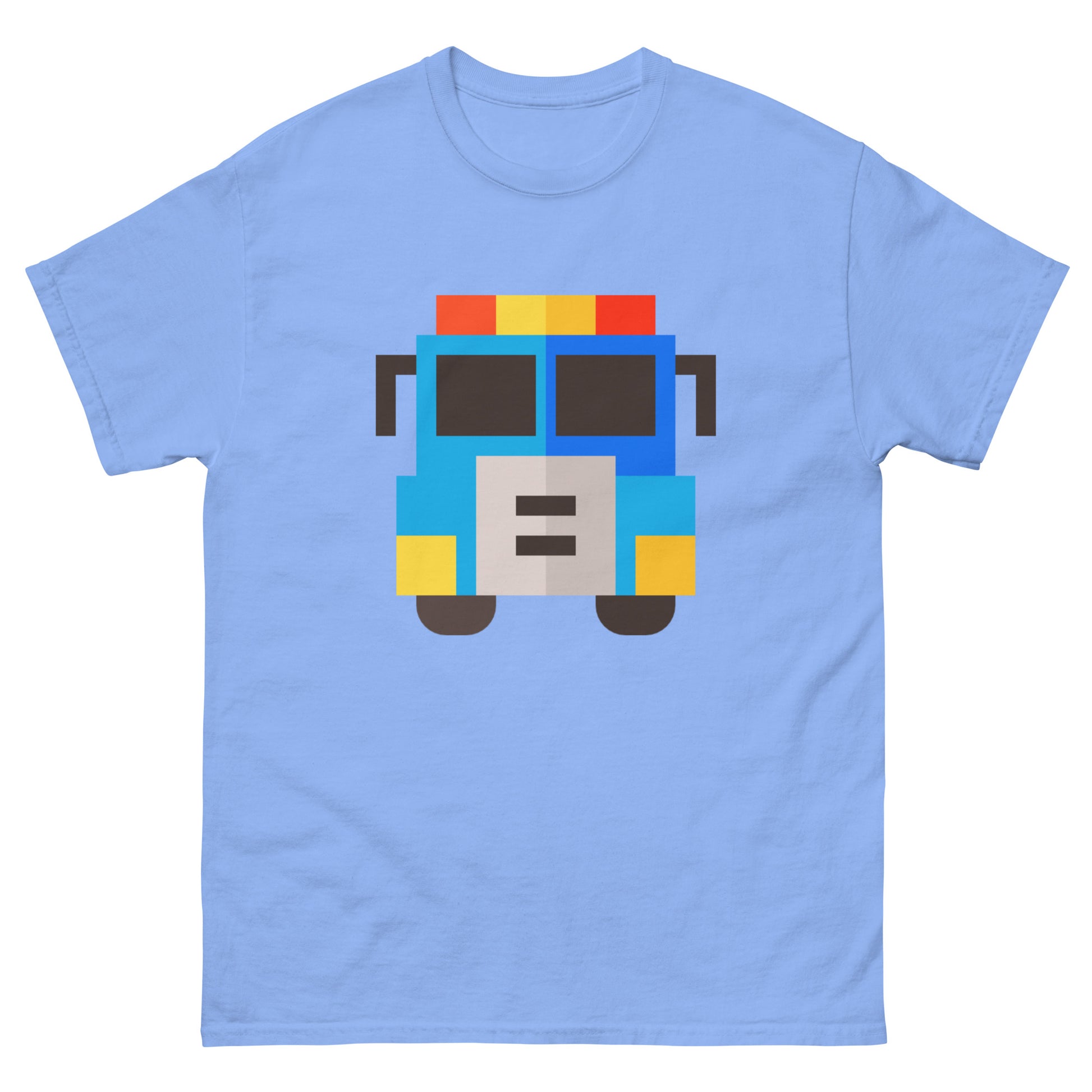 Pixel art of a front-view American fire truck in red, yellow, and blue colours on a high quality T-Shirt