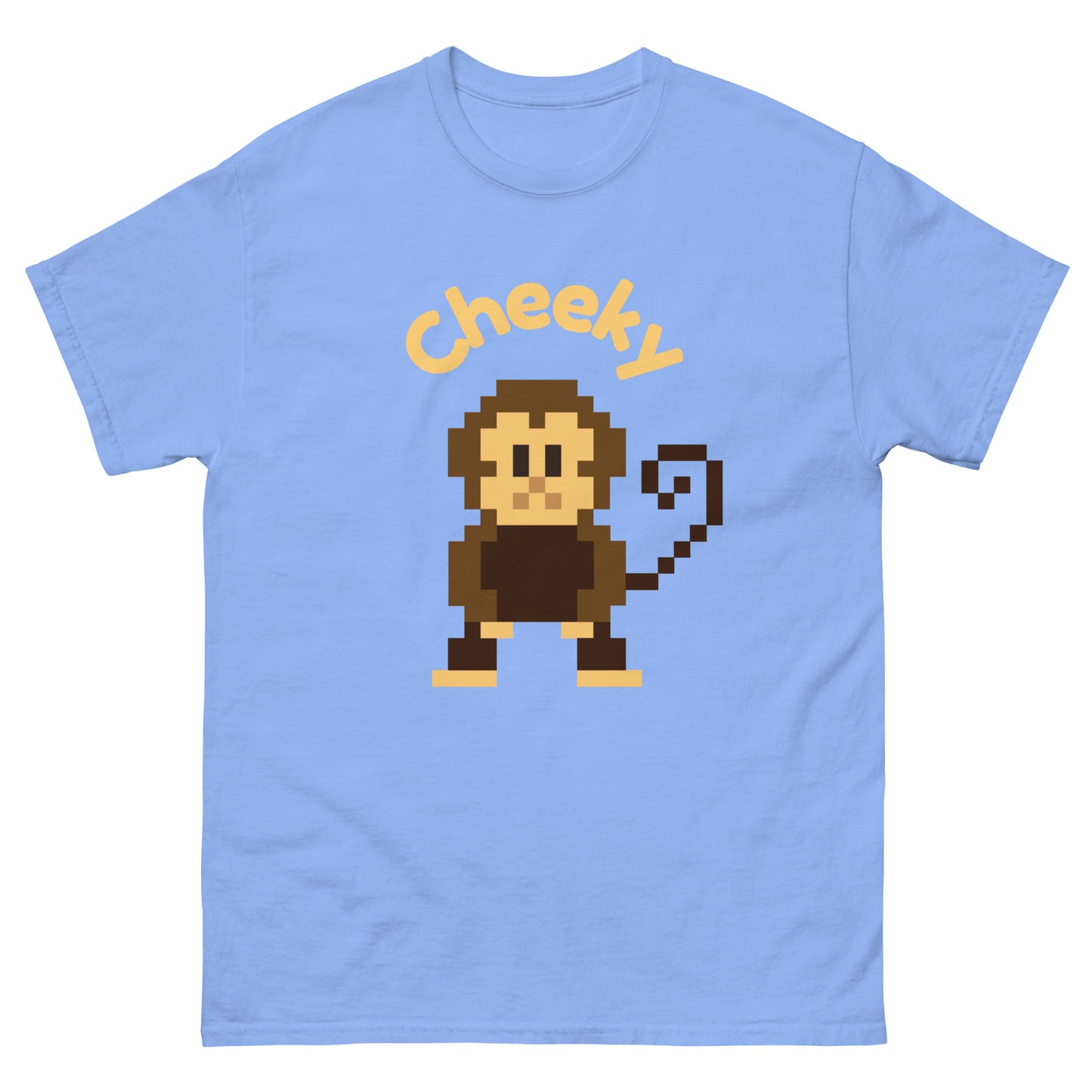 Pixel art illustration of a cheeky monkey and the word Cheeky. The monkey is stylized in a retro, 8-bit design, with a playful expression, capturing a festive holiday spirit.