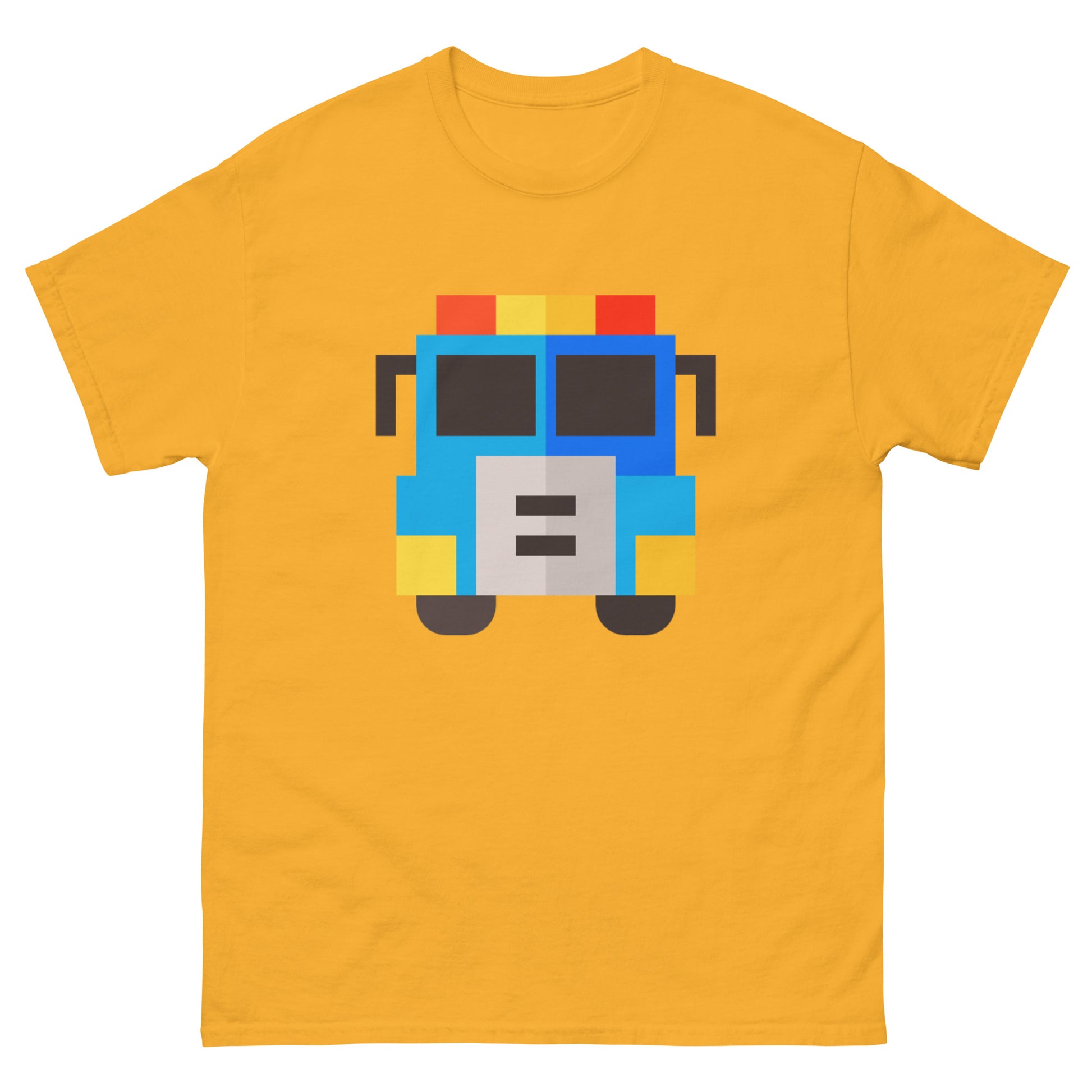 Pixel art of a front-view American fire truck in red, yellow, and blue colours on a high quality T-Shirt