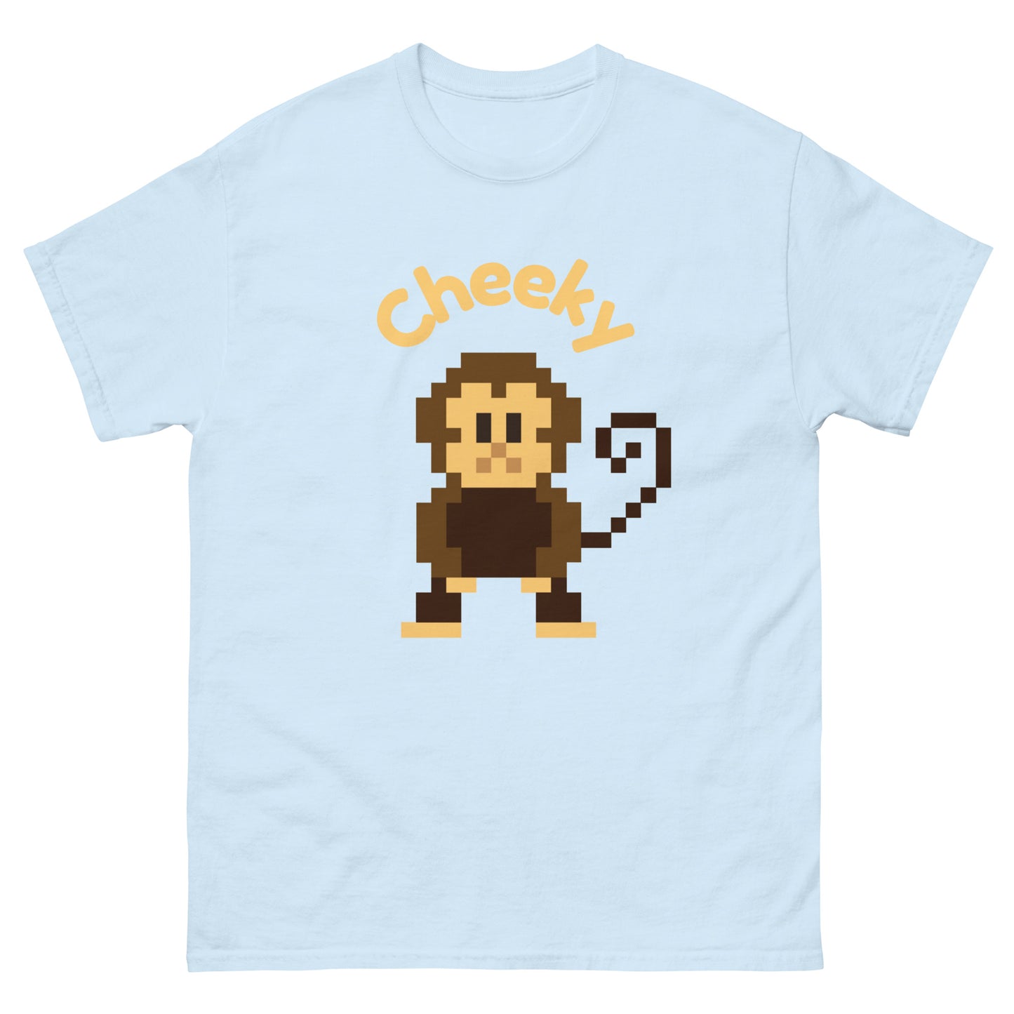 Pixel art illustration of a cheeky monkey and the word Cheeky. The monkey is stylized in a retro, 8-bit design, with a playful expression, capturing a festive holiday spirit.