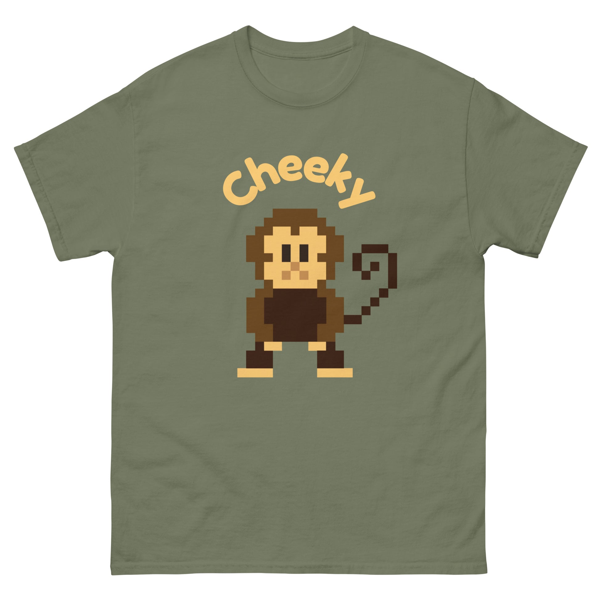 Pixel art illustration of a cheeky monkey and the word Cheeky. The monkey is stylized in a retro, 8-bit design, with a playful expression, capturing a festive holiday spirit.