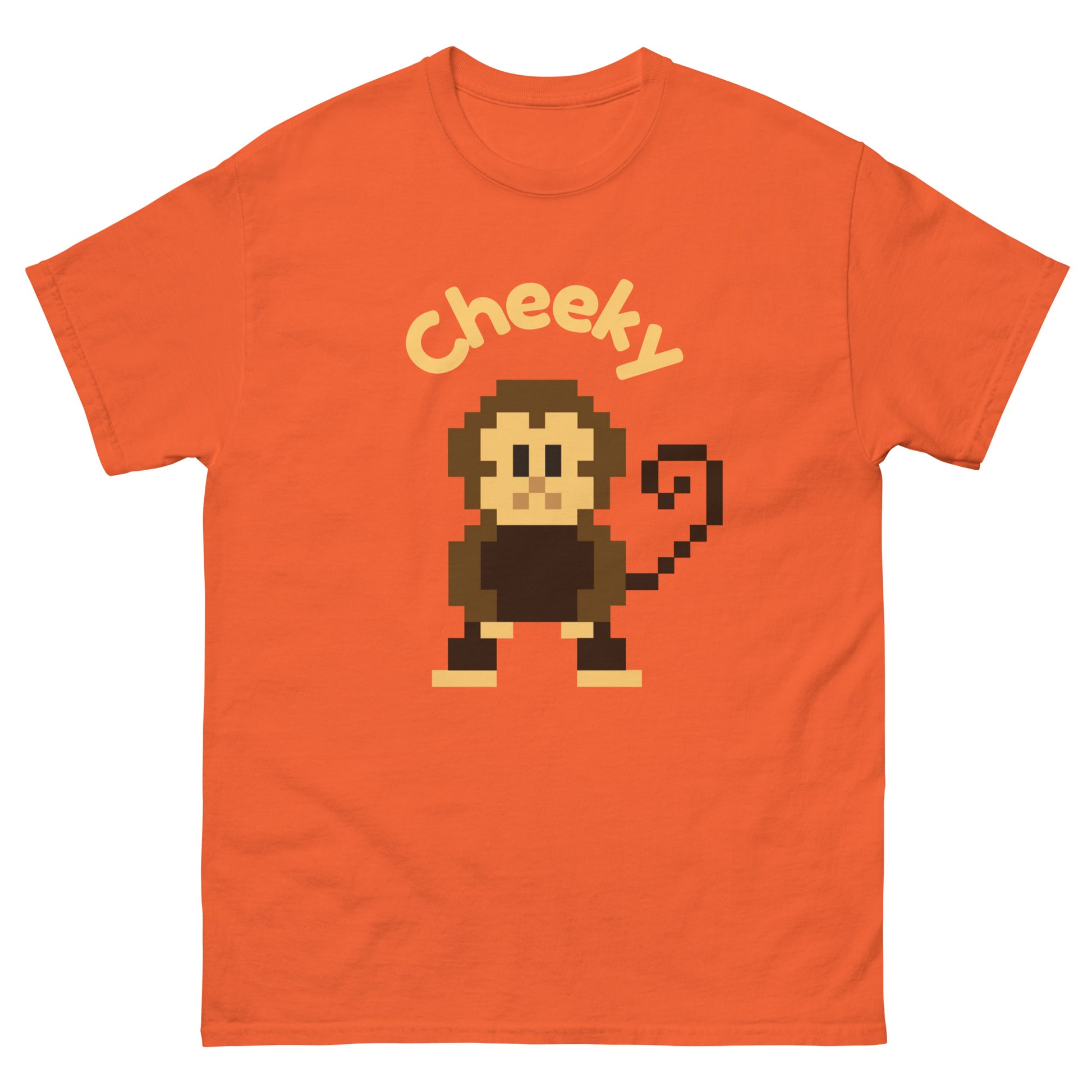 Pixel art illustration of a cheeky monkey and the word Cheeky. The monkey is stylized in a retro, 8-bit design, with a playful expression, capturing a festive holiday spirit.