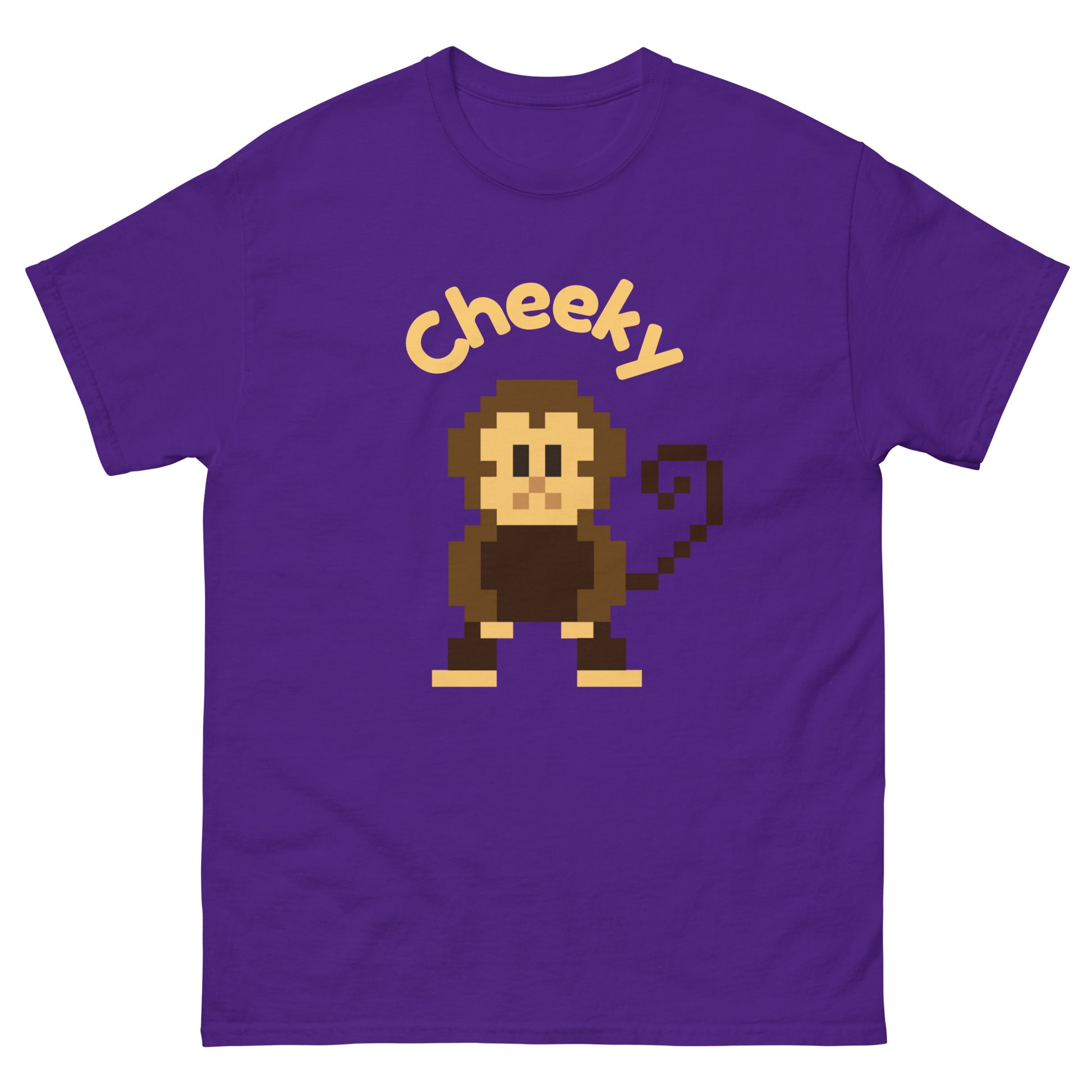 Pixel art illustration of a cheeky monkey and the word Cheeky. The monkey is stylized in a retro, 8-bit design, with a playful expression, capturing a festive holiday spirit.