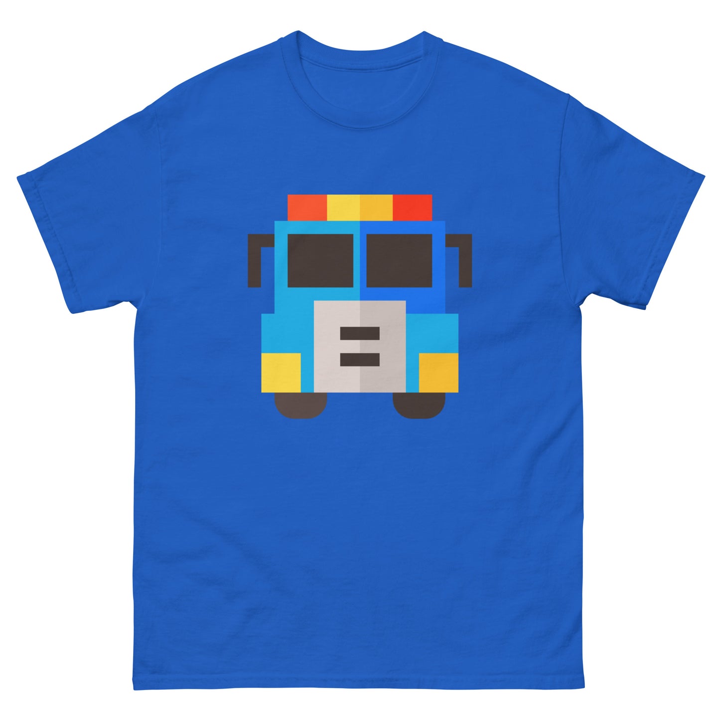 Pixel art of a front-view American fire truck in red, yellow, and blue colours on a high quality T-Shirt