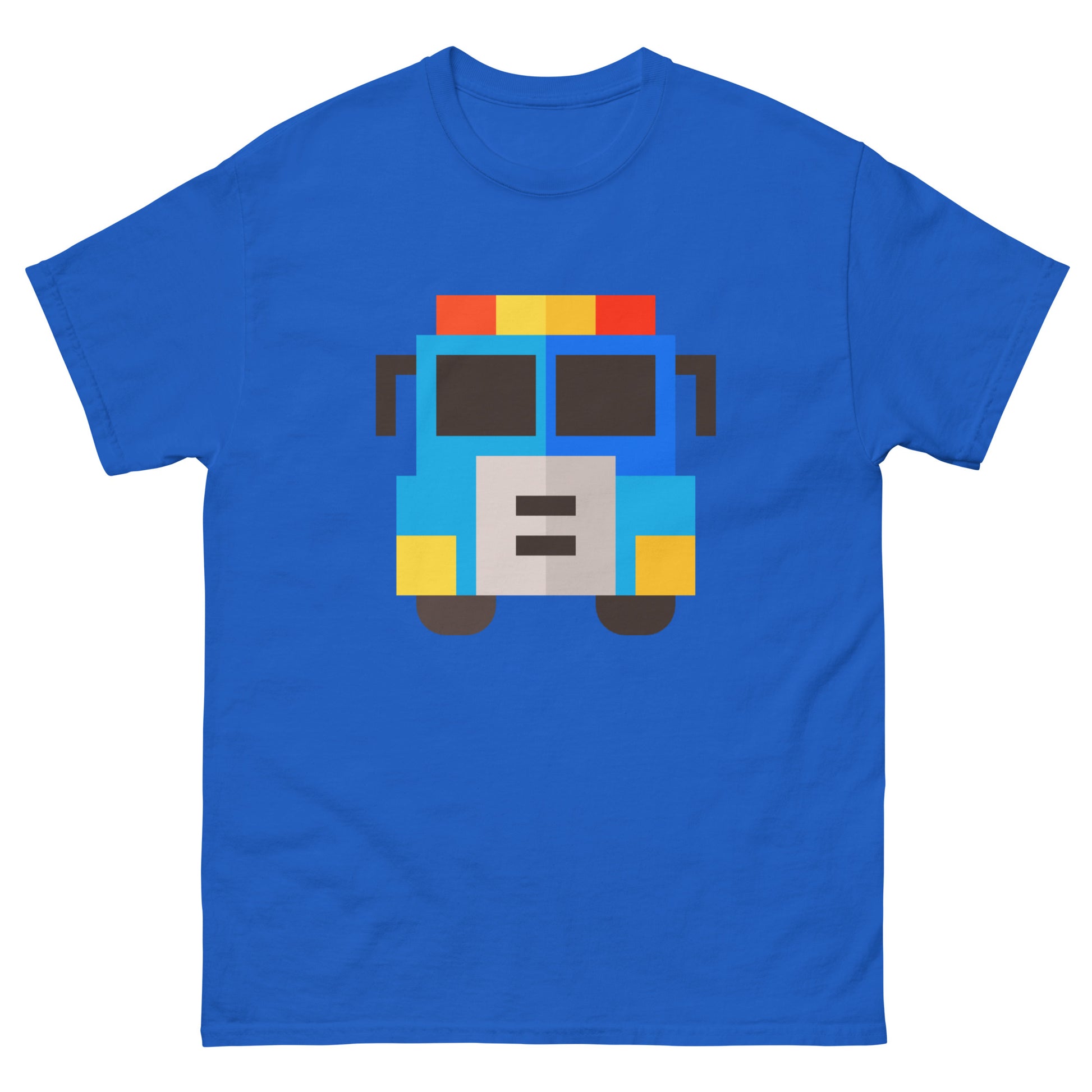 Pixel art of a front-view American fire truck in red, yellow, and blue colours on a high quality T-Shirt