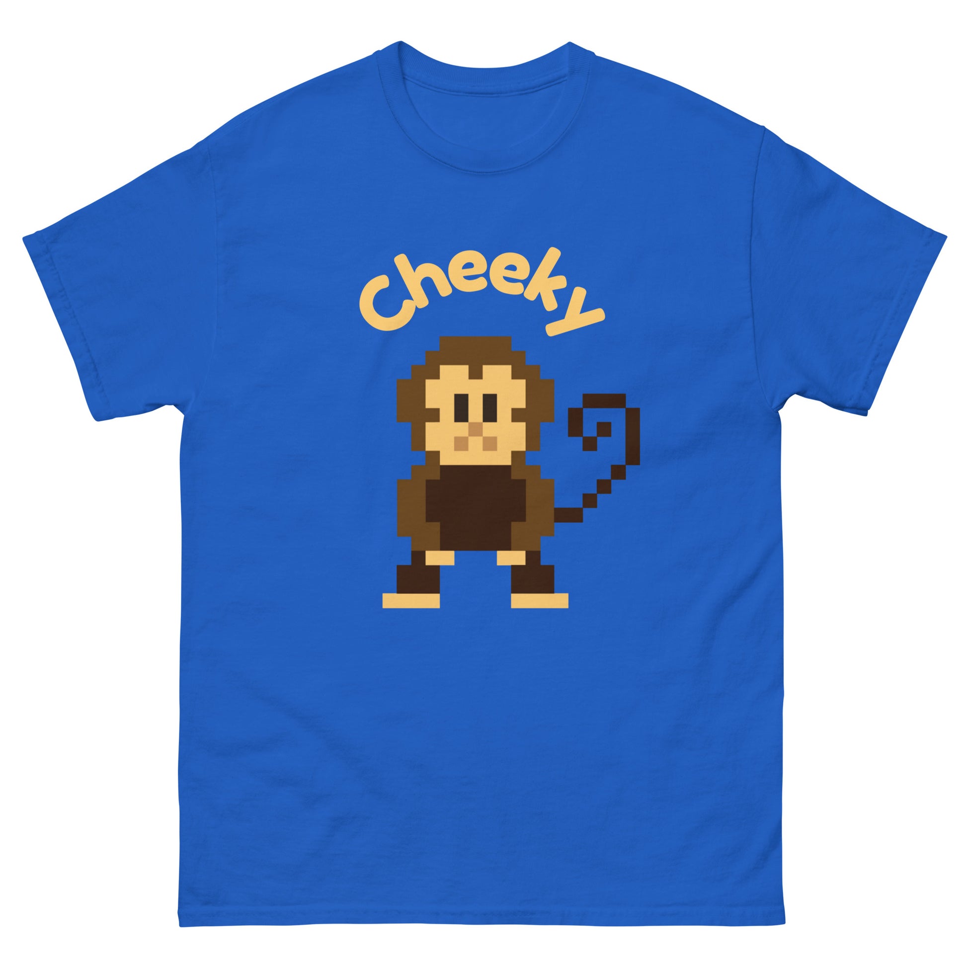 Pixel art illustration of a cheeky monkey and the word Cheeky. The monkey is stylized in a retro, 8-bit design, with a playful expression, capturing a festive holiday spirit.