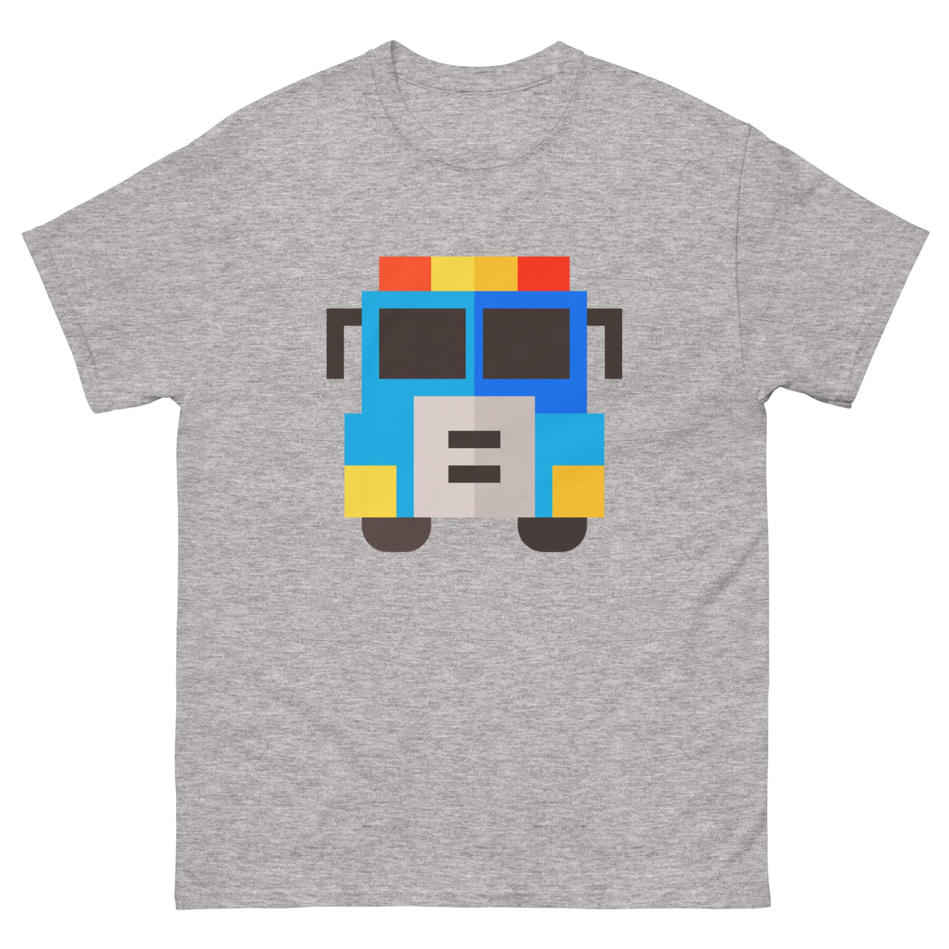 Pixel art of a front-view American fire truck in red, yellow, and blue colours on a high quality T-Shirt