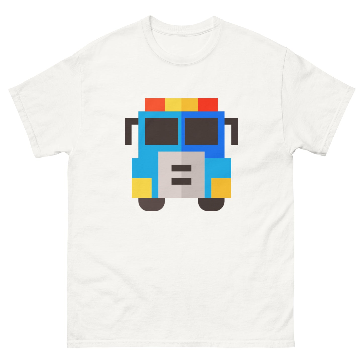 Pixel art of a front-view American fire truck in red, yellow, and blue colours on a high quality T-Shirt