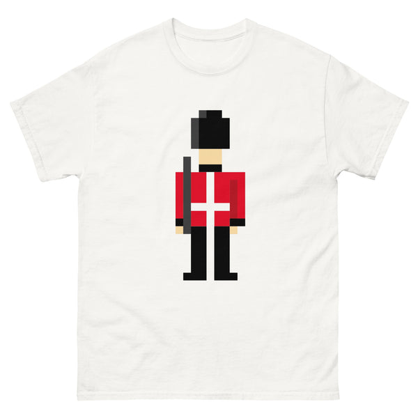 Pixel art Royal Guard T‑shirt showing a pixelated royal guard on a white tee