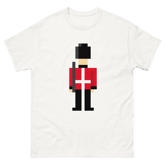 Pixelated British Royal guard in traditional Uniform of red, black and white cross