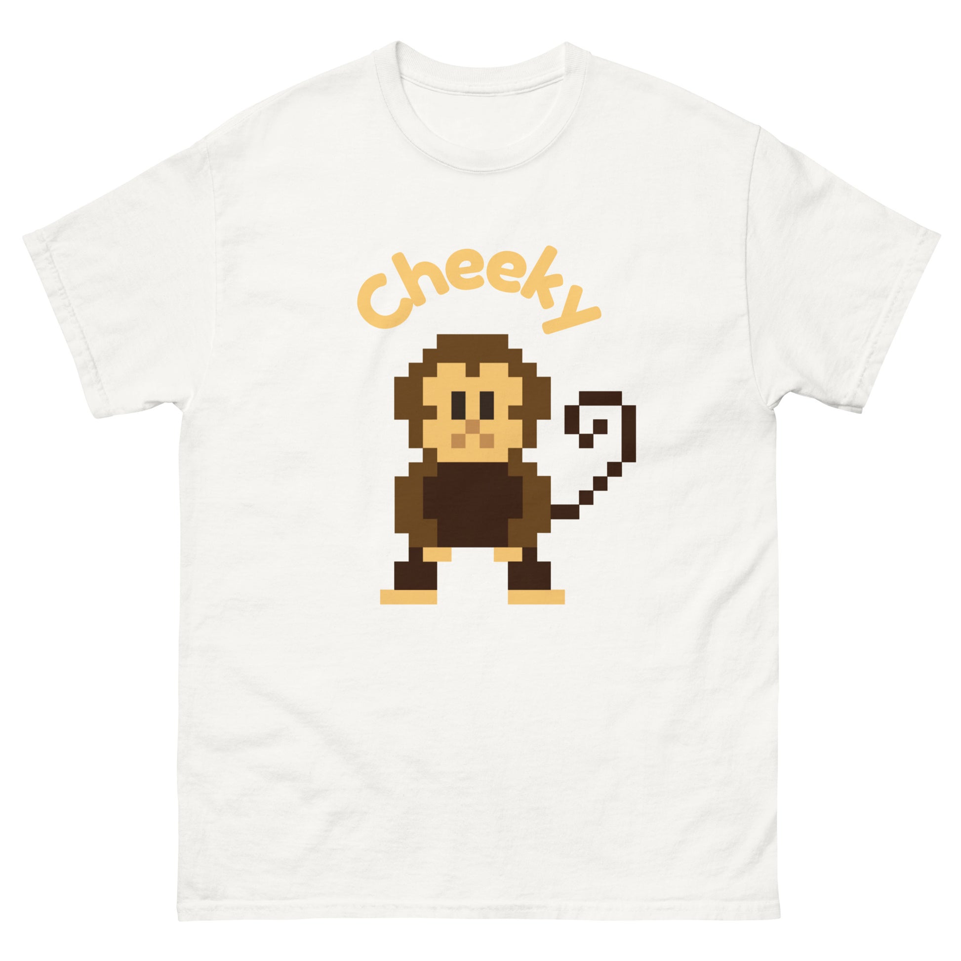 Pixel art illustration of a cheeky monkey and the word Cheeky. The monkey is stylized in a retro, 8-bit design, with a playful expression, capturing a festive holiday spirit.