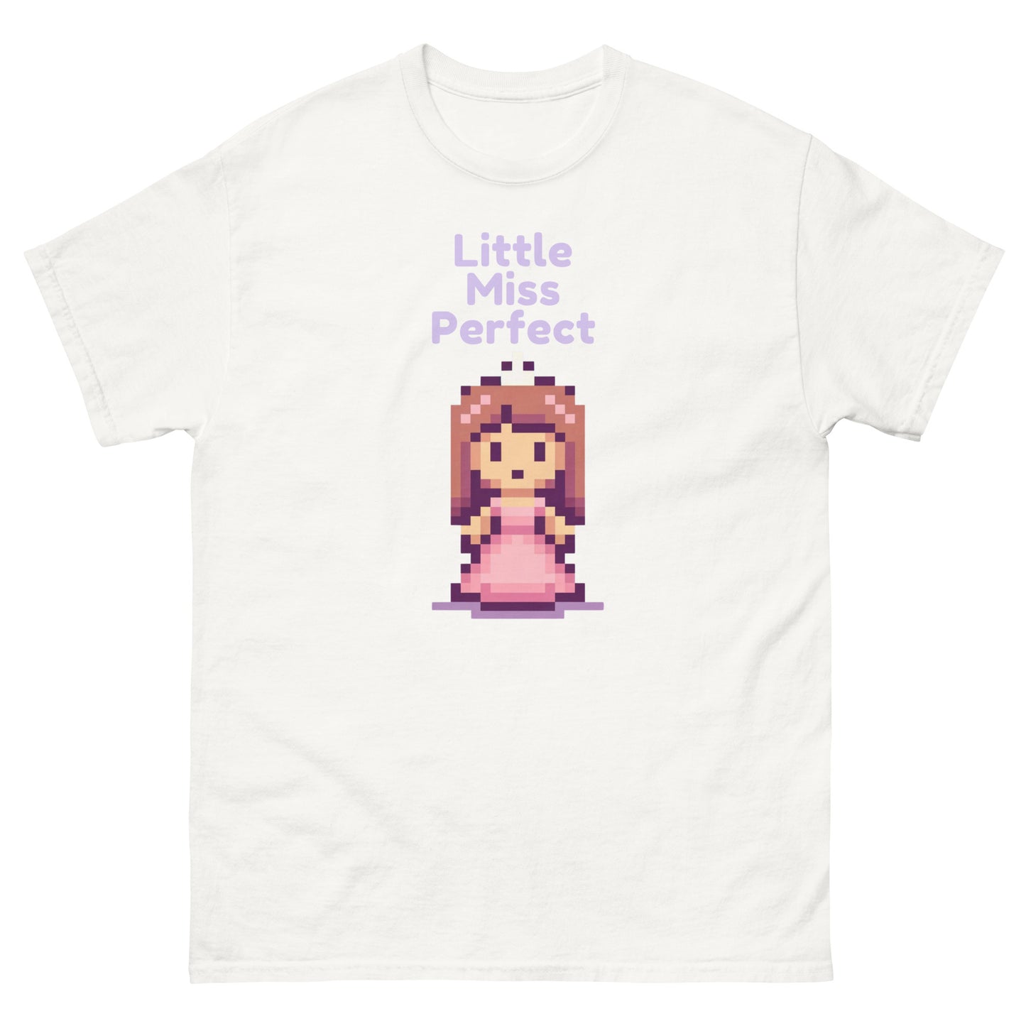 Pixelated princess in Pink with the words, Little Miss Perfect