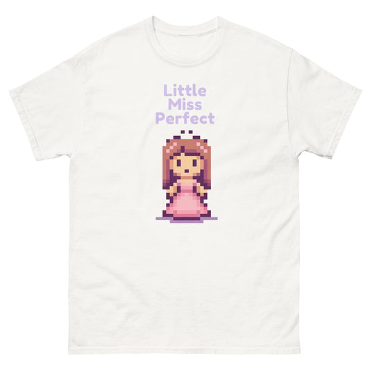 Pixelated princess in Pink with the words, Little Miss Perfect